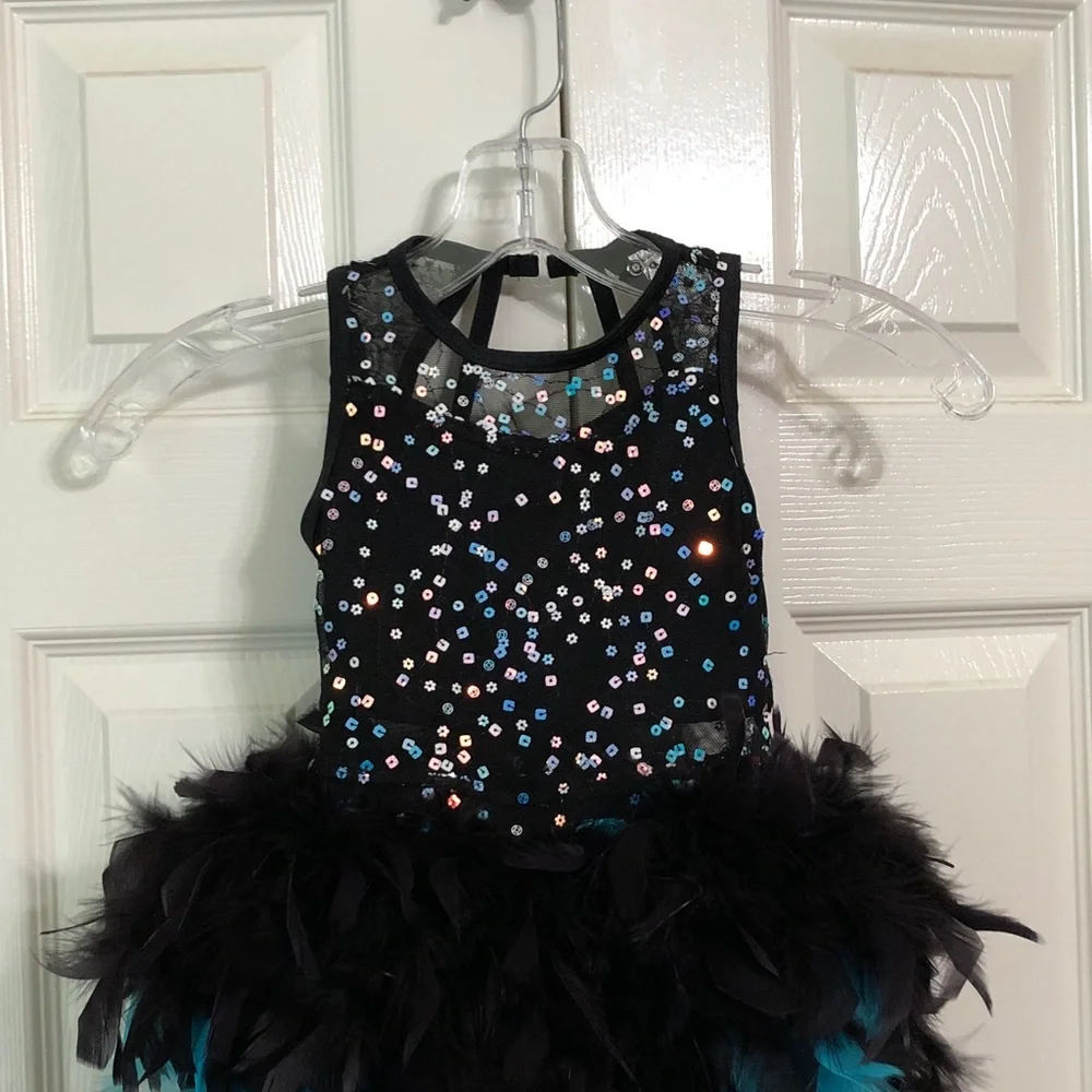 Weissman Size SC (Small) Girls Leotard Black/Teal Feathered Sequin Dance Costume